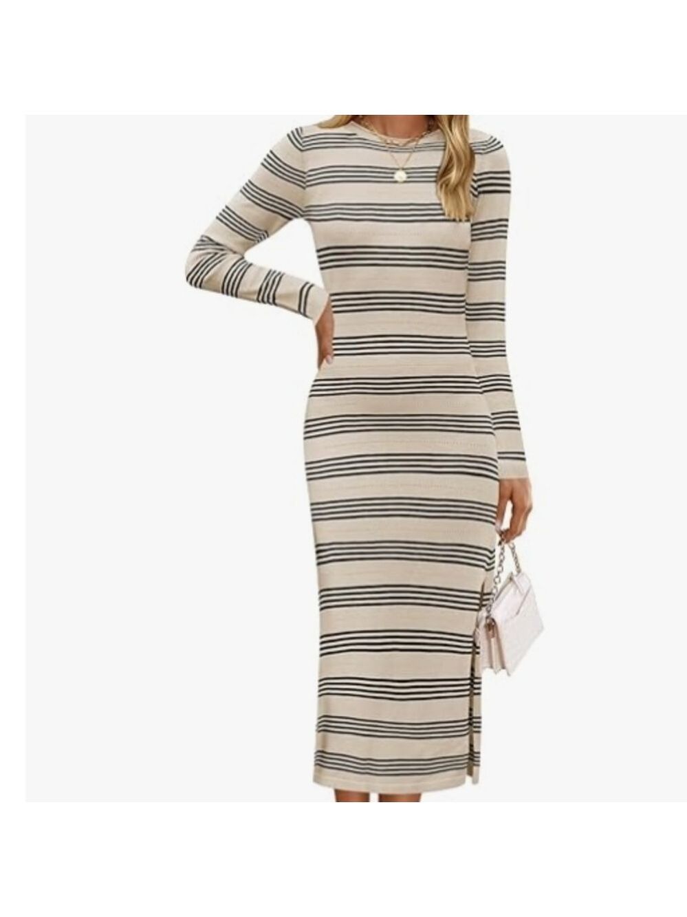 ZESICA Women's Fall Long Sleeve Striped Knit Midi Dress NWT Size S - Picture 4 of 12